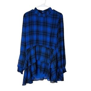Torrid Tartan Plaid Crinkle Chiffon Smock Neck Ruffle Tiered Blouse Blue Size 4X